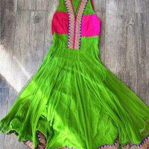 Ethnic Indian Wear Green and Pink Maxi Dress